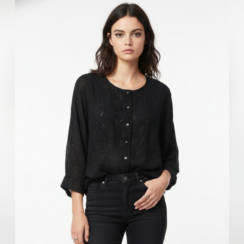 Sacred Threads Blouse Black Peasant Embroidered Eyelet Button Boho Goth S/M